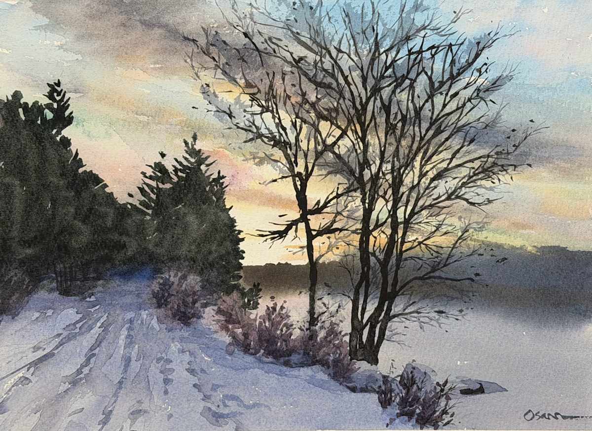 Winter Sunset by Rick Osann Art  Image: The sun sets over a snowy Eagle Lake carriage road on a wintry day.