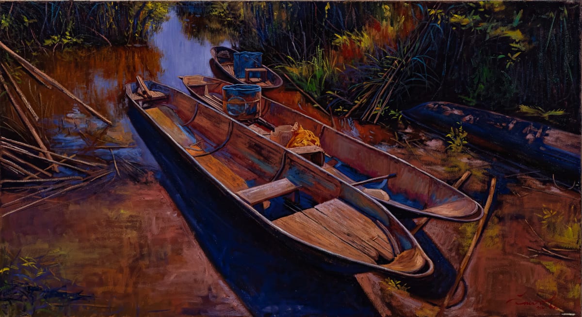 AL029 (เกยตื้น) by Wittaya Wongphetmaneechot  Image: "Ashore" is a simple, soothing painting that suggests the arrival of something or someone. It contains four long-tail boats. Two of them have docked on a shore somewhere in what is supposedly a jungle; one is behind the two in the centre, and another on the right has been flipped over. But here's the question: Where did it come from? What or who comes with it? Why was one of them flipped over? And why did the one in the back not land ashore? However, we will leave it up to you to decipher its meaning.