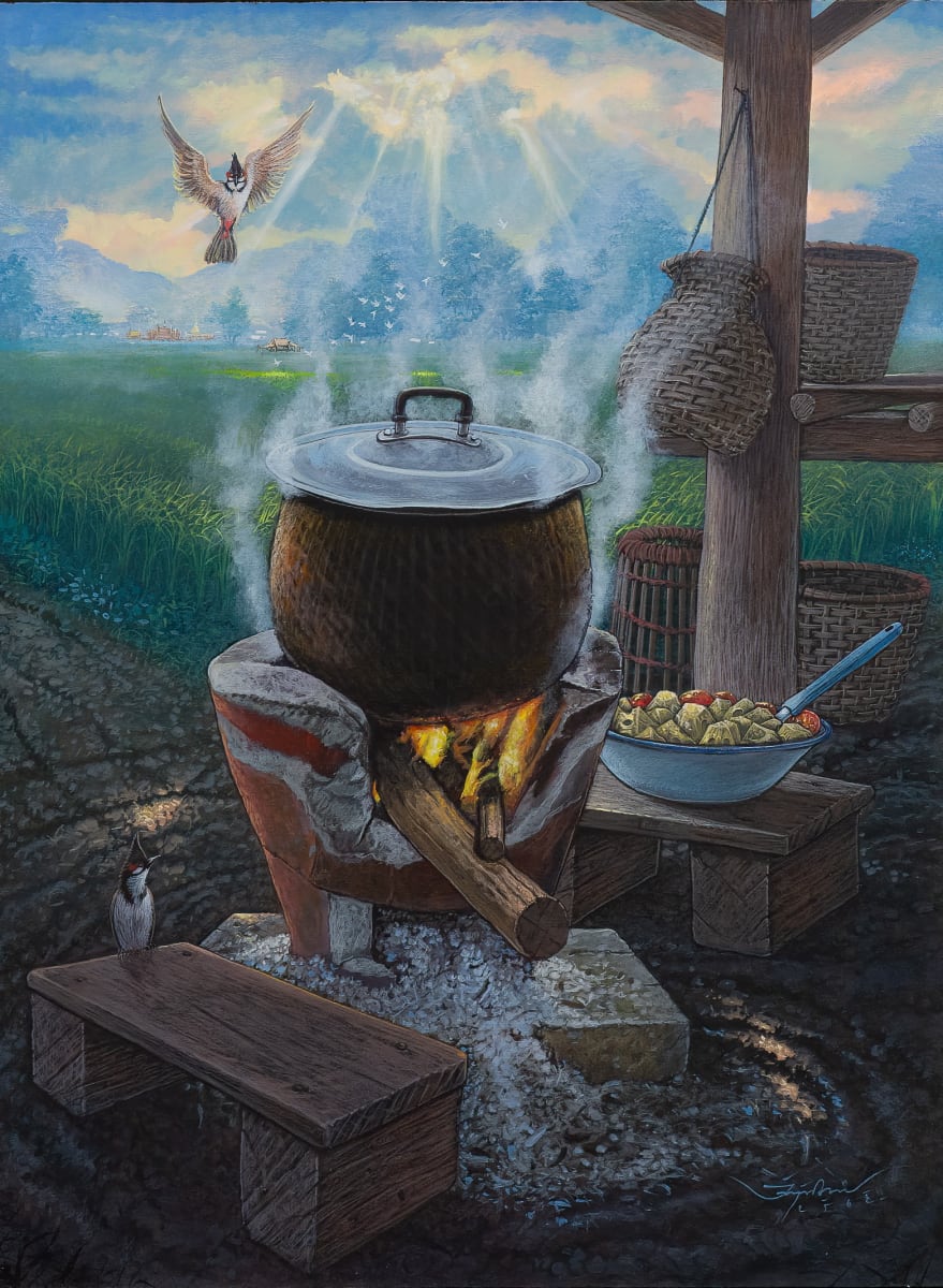 AT033 (นึ่งข้าว) by Chakrit Mulintah  Image: "Steaming Rice" is an ideal painting that embodies the TAAN's beliefs.The carefree birds flying and lounging next to the steaming pot of rice symbolize our philosophy of practicing sustainability while improving others' livelihoods. Whether it is the beginning of dusk or dawn, the relaxing background will undoubtedly provide a soothing energy that may evoke a sense of tranquillity in the viewer. We may never know whether the rice in the pot is completely cooked or not. It may not be perfect, or it might require some more time, but it is something worthwhile to look forward to.