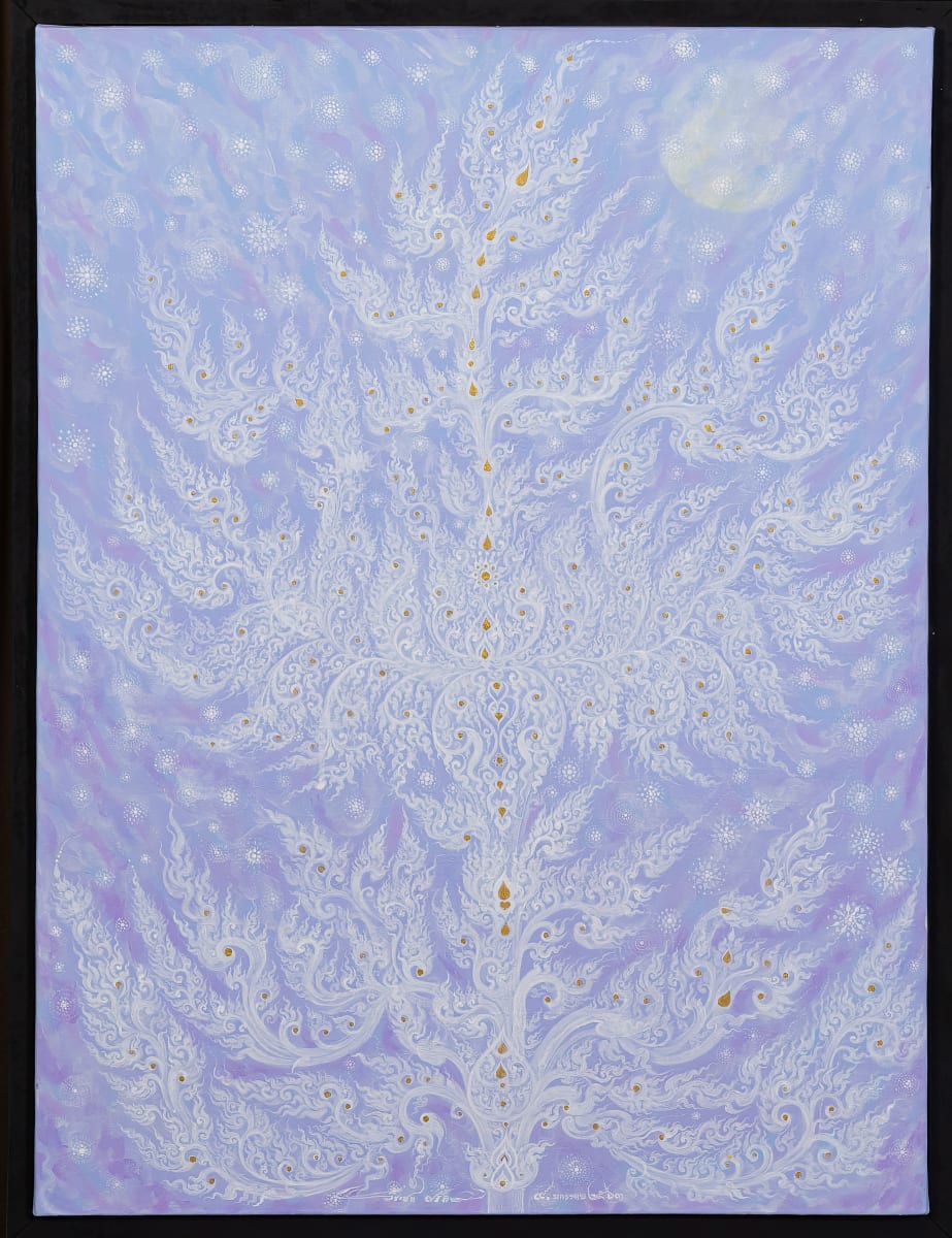 AT051 (บัวทิพย์ 1) by Veerachol Seera  Image: An intricate purple lotus painting symbolizes spiritual awakening, purity, and resilience. The lotus, rising from muddy waters, represents the soul's journey to enlightenment. The purple hue adds layers of wisdom, mysticism, and transformation, blending purity with creativity and higher consciousness. This painting invites contemplation on personal and spiritual growth.