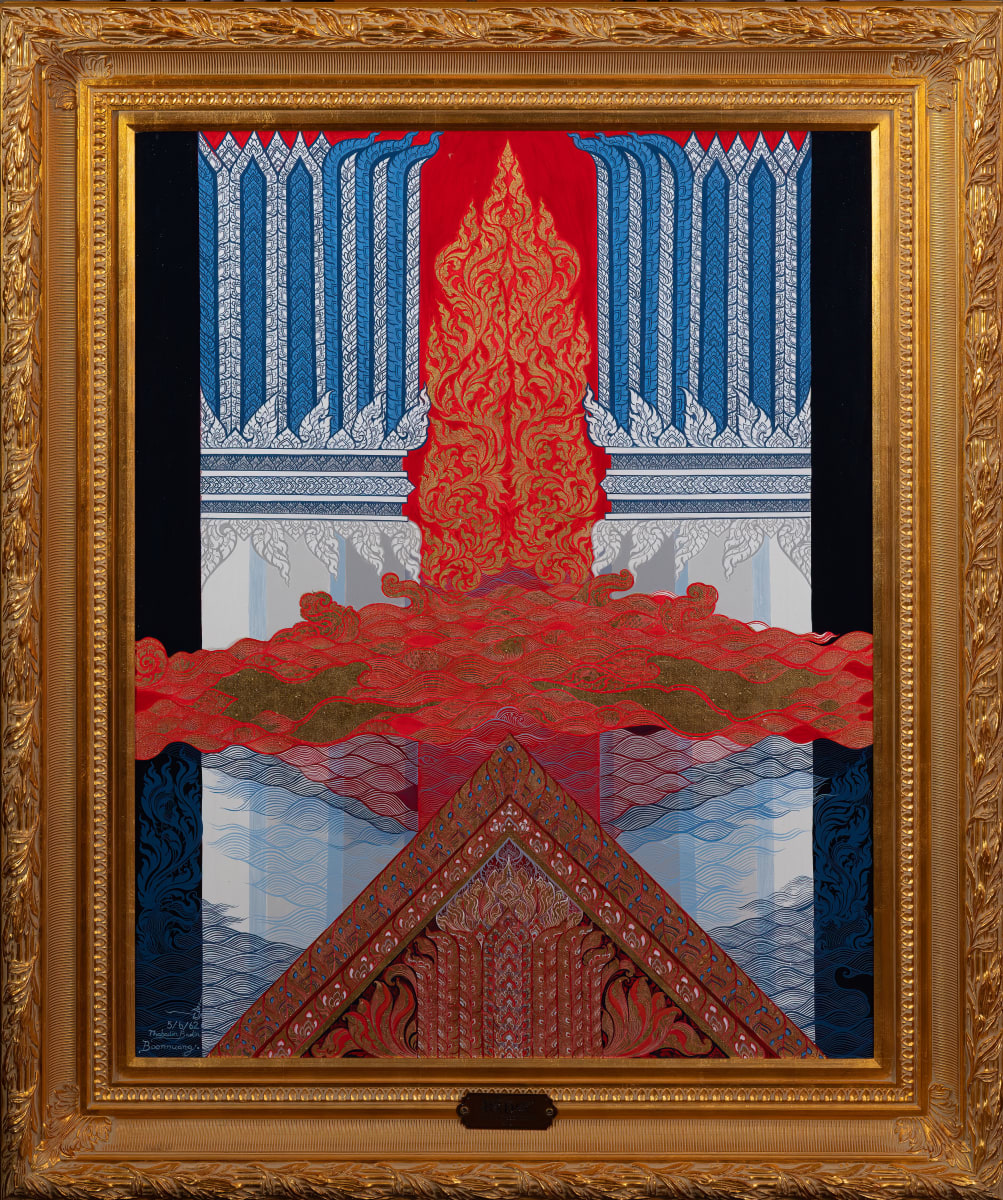 AT091 (ลายไทย) by Thabadin Boonnuang  Image: This image may require some explanation. The painting you see was inspired by the poles from old temples in Sukhothai province. It is the artist's interpretation of how the pole's decoration once appeared. The painting's red, white, and blue colors evoke a sense of formality and authority, highlighting the significance of temples and their roles in ancient Thai culture. With a strong structure and foundation, and having stood the test of time, these temple poles can still be seen throughout Sukhothai, reminding us of their glory days. A truly reflective work of art.