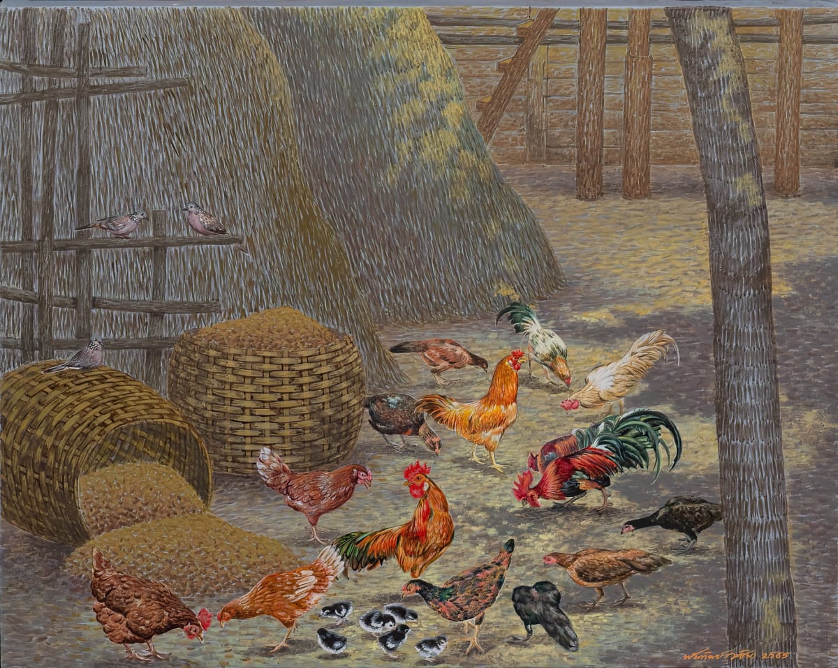 AT096 (อุดมสมบูรณ์) by Panthip Worachina  Image: "Prosperity," a portrait scene set in Southeast Asia where chickens roam and peck freely, beautifully encapsulates themes of abundance, harmony, and good fortune. In many Southeast Asian cultures, chickens are emblematic of wealth and sustenance. Their presence in the painting symbolizes a flourishing, self-sustaining environment where nature provides generously.

The image of chickens eating and roaming freely highlights a life in balance with nature, suggesting a community that thrives through agricultural success and harmonious living. The carefree movement of the chickens portrays a sense of freedom and security, reinforcing the idea of a prosperous and content society.

This painting, through its depiction of chickens—a universal symbol of fertility, prosperity, and good fortune—evokes a deep appreciation for the simple, yet profound blessings of rural life. It serves as a reminder that true prosperity encompasses not just material wealth, but also the well-being and harmony of both people and their environment.