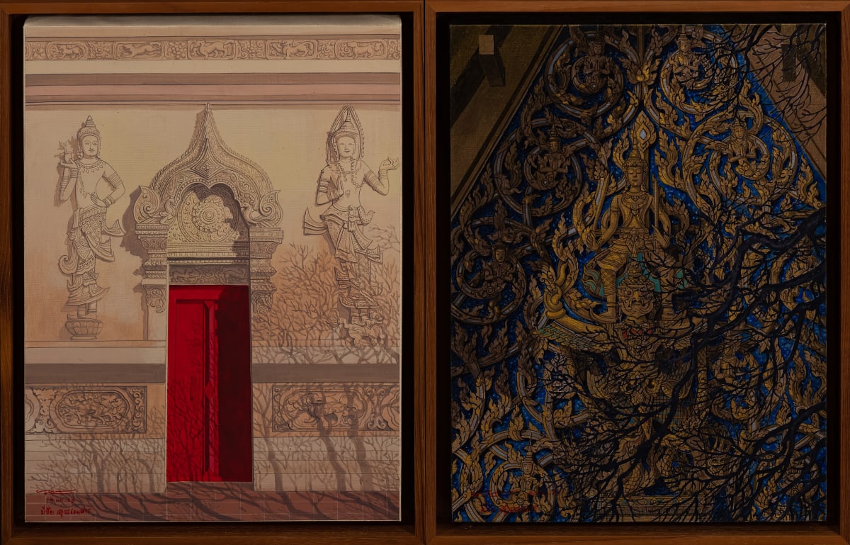 AT176 (วัดสิงห์ - วัดพระแก้ว) by Meechai Suwannasarn  Image: A painting depicting the entrance of Thailand's Wat Sing and the roof of the Temple of the Emerald Buddha encapsulates the essence of Thai spirituality and cultural heritage. The entrance of Wat Suthat represents a gateway to enlightenment and inner peace, while the ornate roof of the Temple of the Emerald Buddha symbolizes divine protection and spiritual guidance. Together, these architectural elements embody the profound connection between Thai people, their faith, and the timeless wisdom of Buddhism.