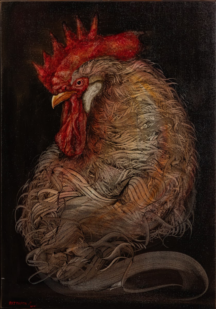 SE030 (พญาไก่) by Rattapon Panyata  Image: This painting captures the timeless essence of the chicken, a symbol of fertility, prosperity, and good fortune across various cultures. In ancient Rome, these birds were revered as prophetic creatures, their movements and sounds guiding decisions in the practice of augury. Native American tribes saw the rooster's 3 a.m. crow as a solemn omen of loss. In other cultures, chickens were believed to possess magical powers to ward off evil and heal the sick, embodying fertility and motherhood. The goddess Isis of ancient Egypt was depicted with a chicken's head, symbolizing her nurturing nature. In China, the rooster and hen represent fidelity, loyalty, and nurturing care, adding layers of meaning to this captivating artwork.