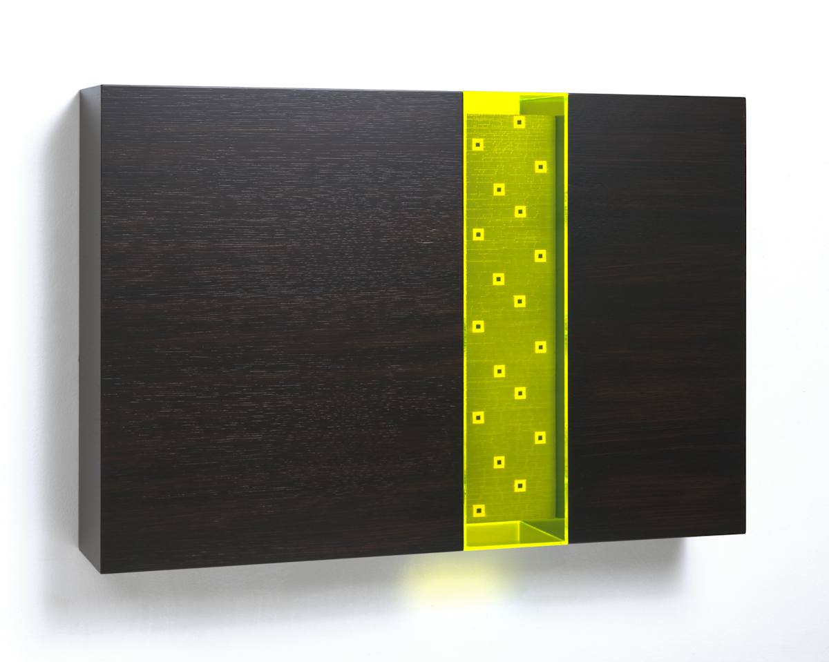 Wheatfields XXXVIII (#38) by Carlo Marcucci  Image: Wheatfields XXXVIII
Carlo Marcucci, 2003
Stained wood, green plexiglass, udon, spinach and squid ink spaghetti on wood, 20” x 30” x 5”