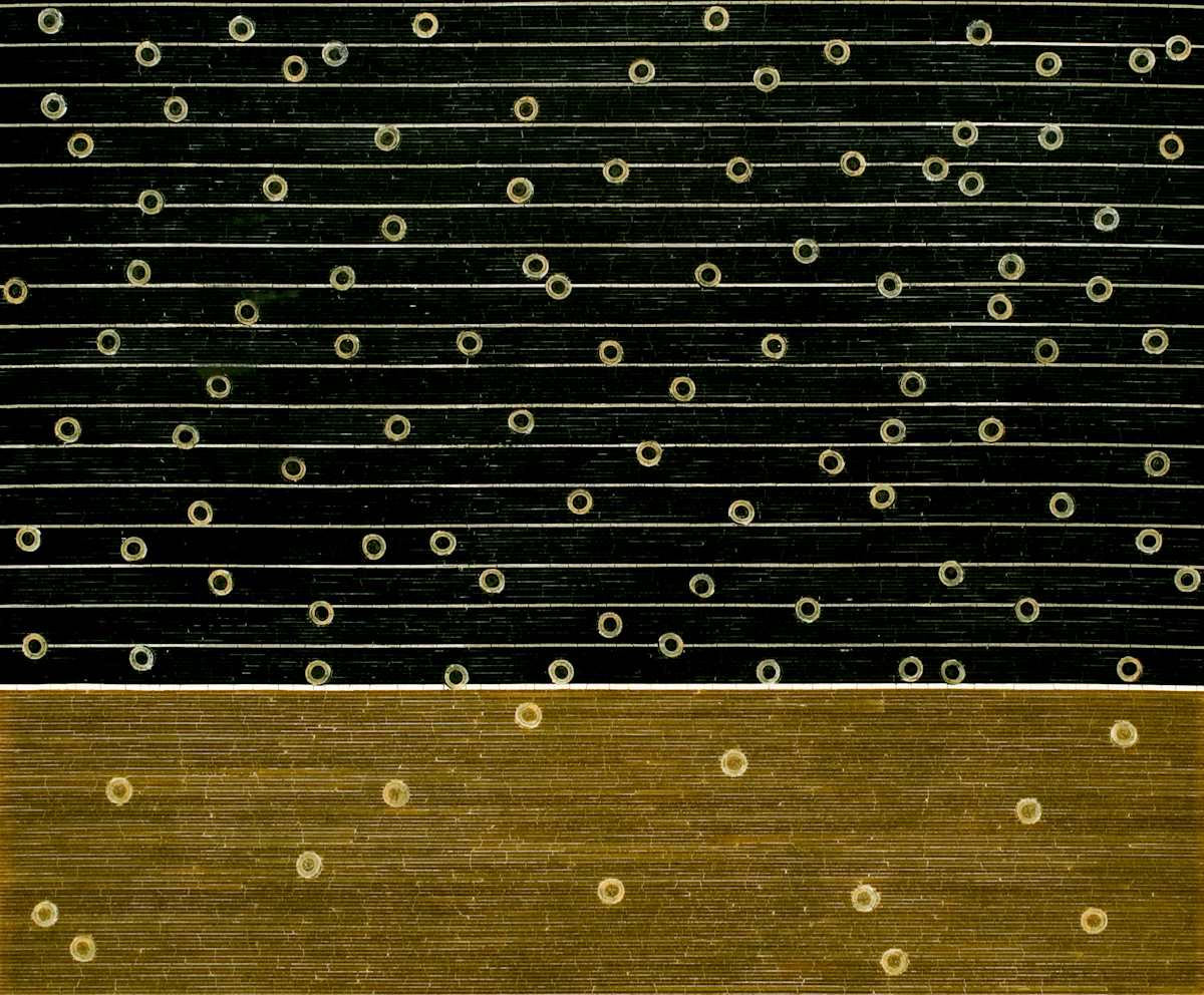 Wheatfields LIV (#54) by Carlo Marcucci  Image: Wheatfields LIV
Carlo Marcucci, 2006
Squid ink spaghetti, mugwork soba noodles, spinach spaghetti, spaghetti O’s
and udon noodles on wood, 20” x 24" x 1.5”