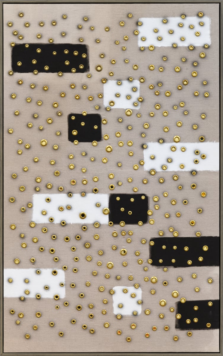 Obló by Carlo Marcucci  Image: Obló
Carlo Marcucci, 2019
Acrylic and brass grommets on linen over reflective Plexiglas, 54” x 34”
