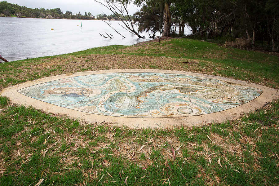 Burswood Canal 1831 - 1845 by Jenny Dawson and Sandra Hill Dawson/Hill  Image: Jenny Dawson & Sandra Hill Coolamon Shaped Mosaic Artwork 