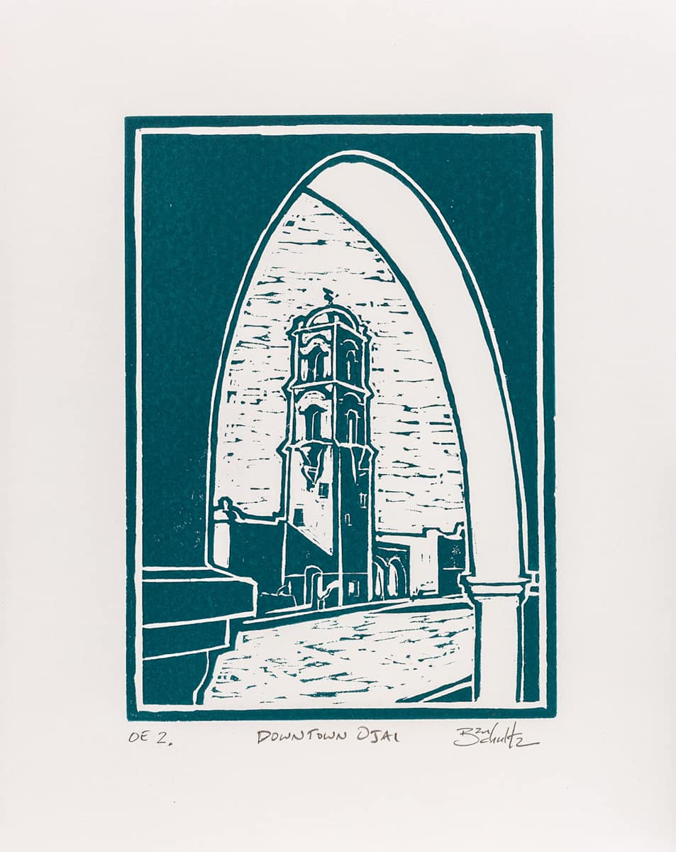 "Downtown Ojai" Linocut #2 by Dan Schultz Fine Art 