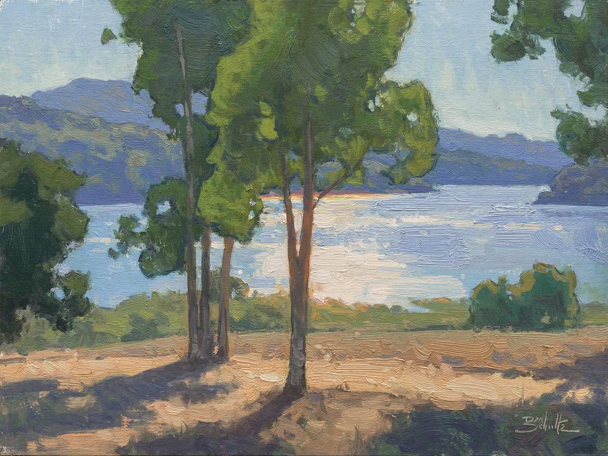 "Lakeside Glare" by Dan Schultz  Image: This painting was exhibited in the California Art Club Plein Air Visions Show at Santa Paula Art Museum May 10 - September 7, 2025. It was also pictured on the cover of the exhibition booklet.