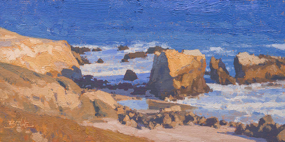 "Weathered Coastline" by Dan Schultz Fine Art  Image: This painting is available for purchase through the "On Location in Malibu" exhibition at the Frederick R. Weisman Museum of Art at Pepperdine University in Malibu, California, May 11 – July 28, 2024.