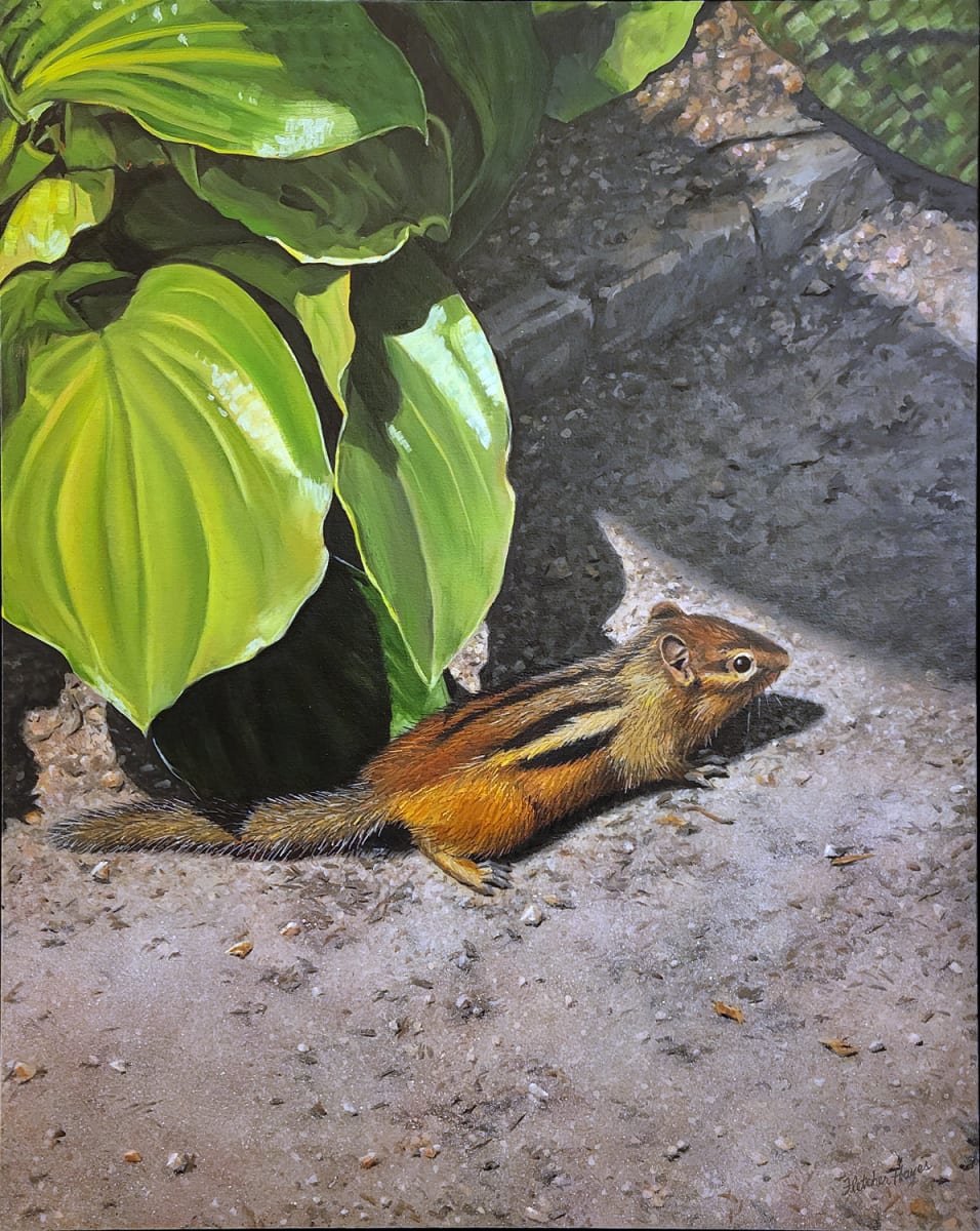 Chipper Paused by Fletcher Hayes  Image: In a rare moment of stillness the chipmunk is seemingly cautious and observant of its surroundings. This painting examines the vibrant energy of a sunny day and the beauty of nature.