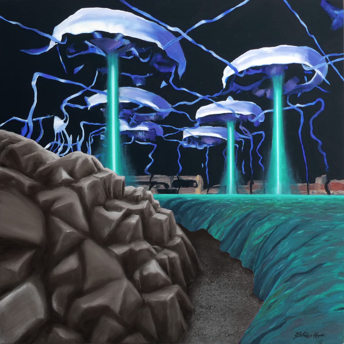 Draining Lake Michigan by Fletcher Hayes  Image: The nightmare of an extraterrestrial invasion in which Earth's fresh water is being sucked out of our Great Lakes, is visualized in this oil painting.