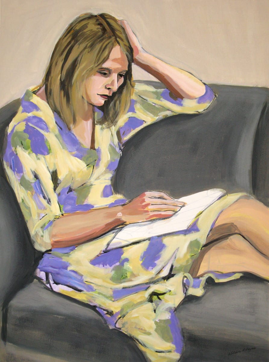 Floral Dress Reading by Fletcher Hayes  Image: A woman wearing a light yellow and periwinkle floral dress relaxes in deep concentration while reading a document.