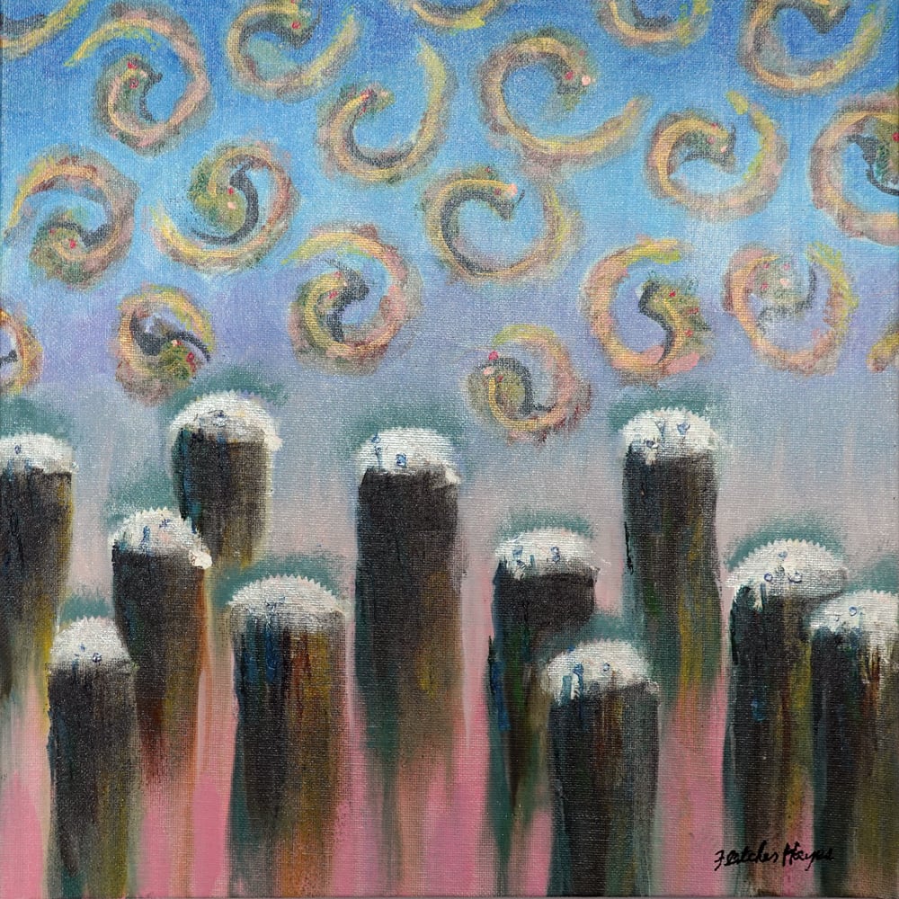 Sky Full of Shrimp by Fletcher Hayes  Image: Abstraction in blue and pink with metallic accents