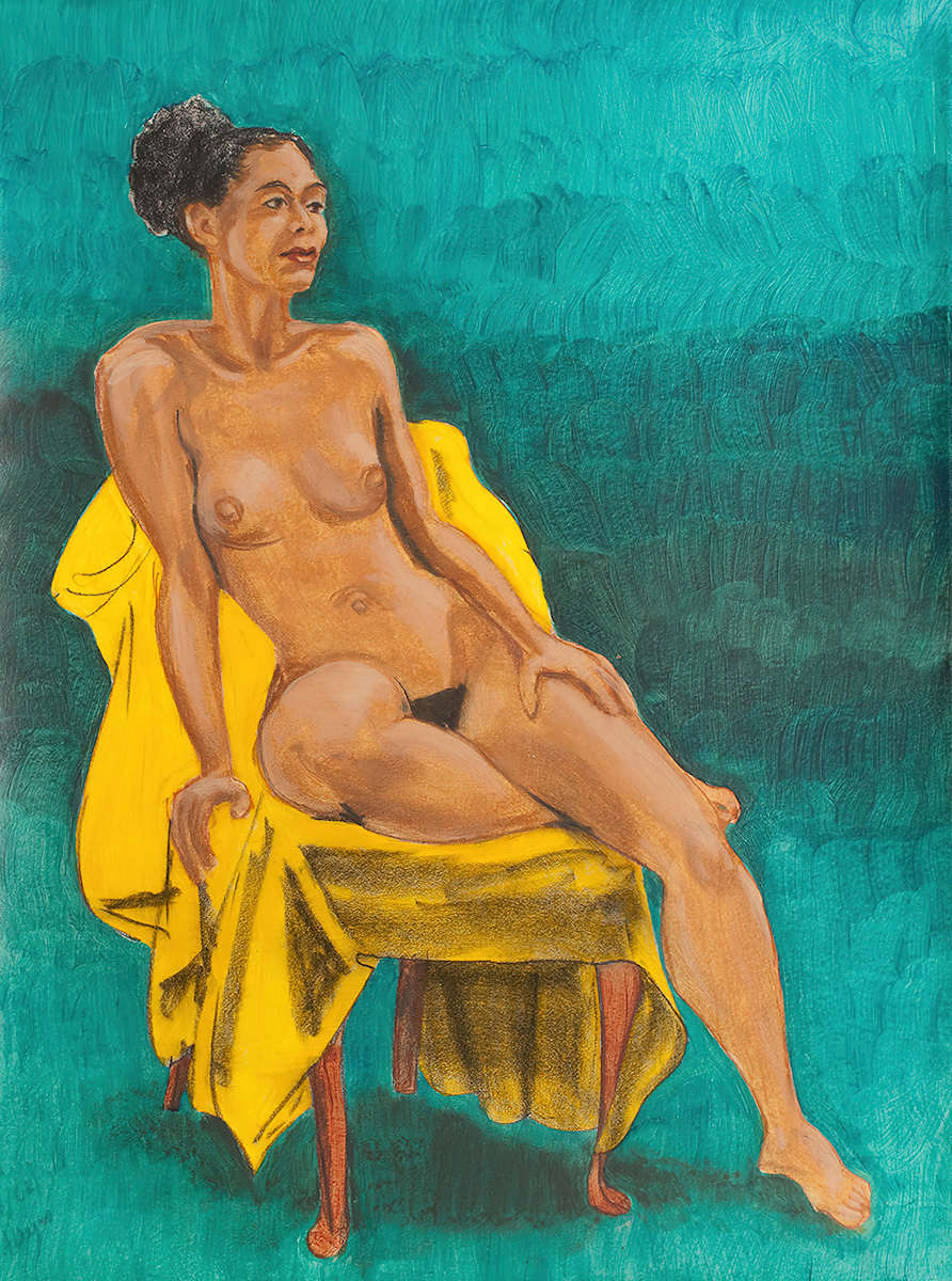 Yellow Bath Robe by Fletcher Hayes  Image: The turquoise gradient background and bright yellow bathrobe draped over the clawfoot chair contrast and complement the tawny skin of this pensive beauty.