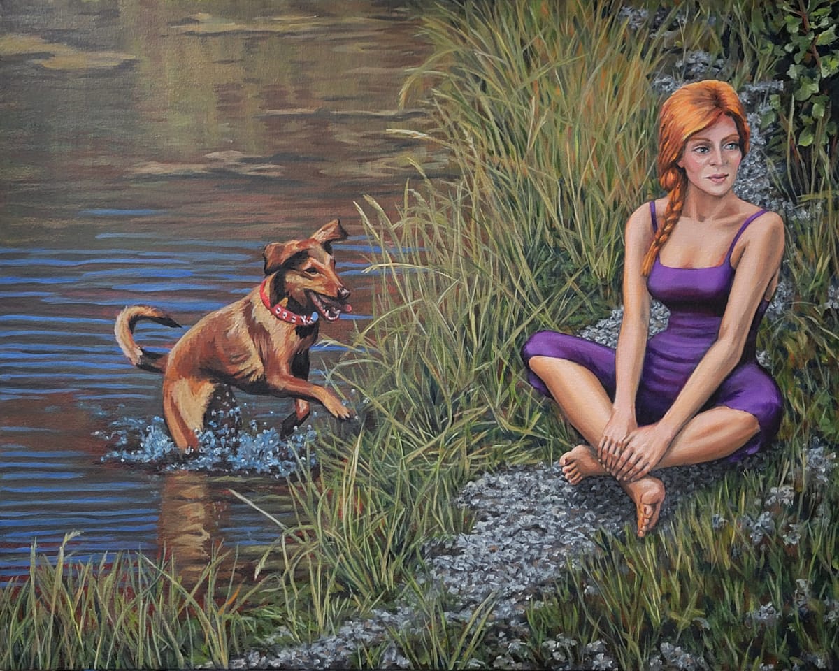 Strong Chance of Showers by Fletcher Hayes  Image: A frisky dog emerges from a swim in the river to greet a serene redhead woman