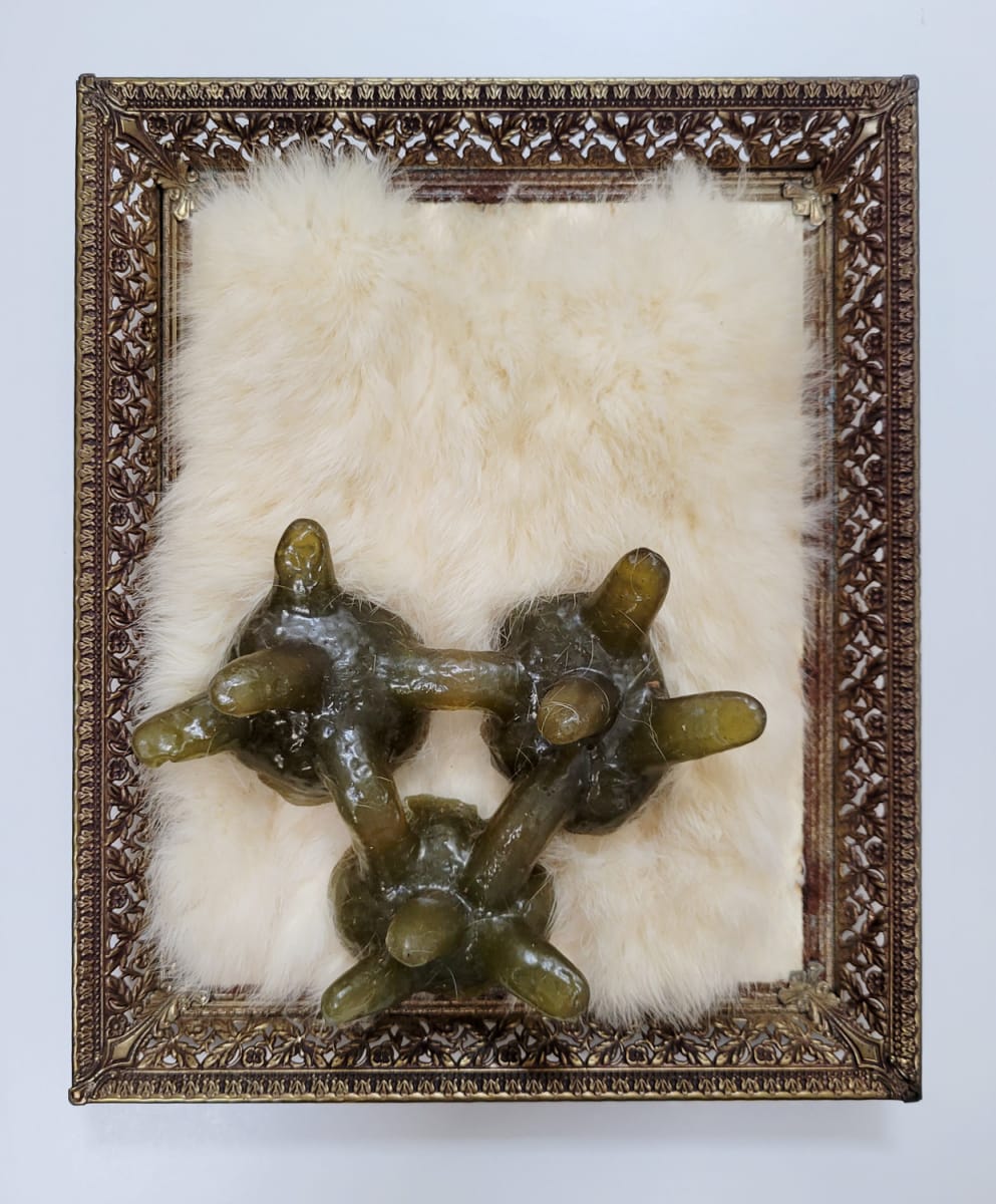 The Trinity in the Form of a Pubic Pickle by Fletcher Hayes  Image: Hayes' sculpture "The Trinity in the Form of a Pubic Pickle" consists of olive green polyester resin mounted on rabbit fur in a gold frame.