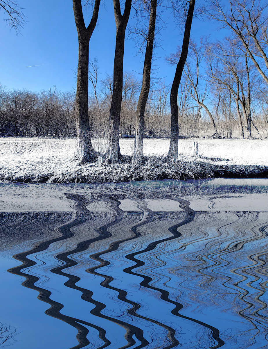 Zigzag Four by Fletcher Hayes  Image: 'Zigzag Four' presents questions in the viewer's mind. For instance, how did four trees come to be positioned so closely together with so much space around them on the banks of a water body? What is the nature of the jagged reflection? Is it ice or flowing water in the foreground? The viewer is invited to seek their own answers to this discourse.
