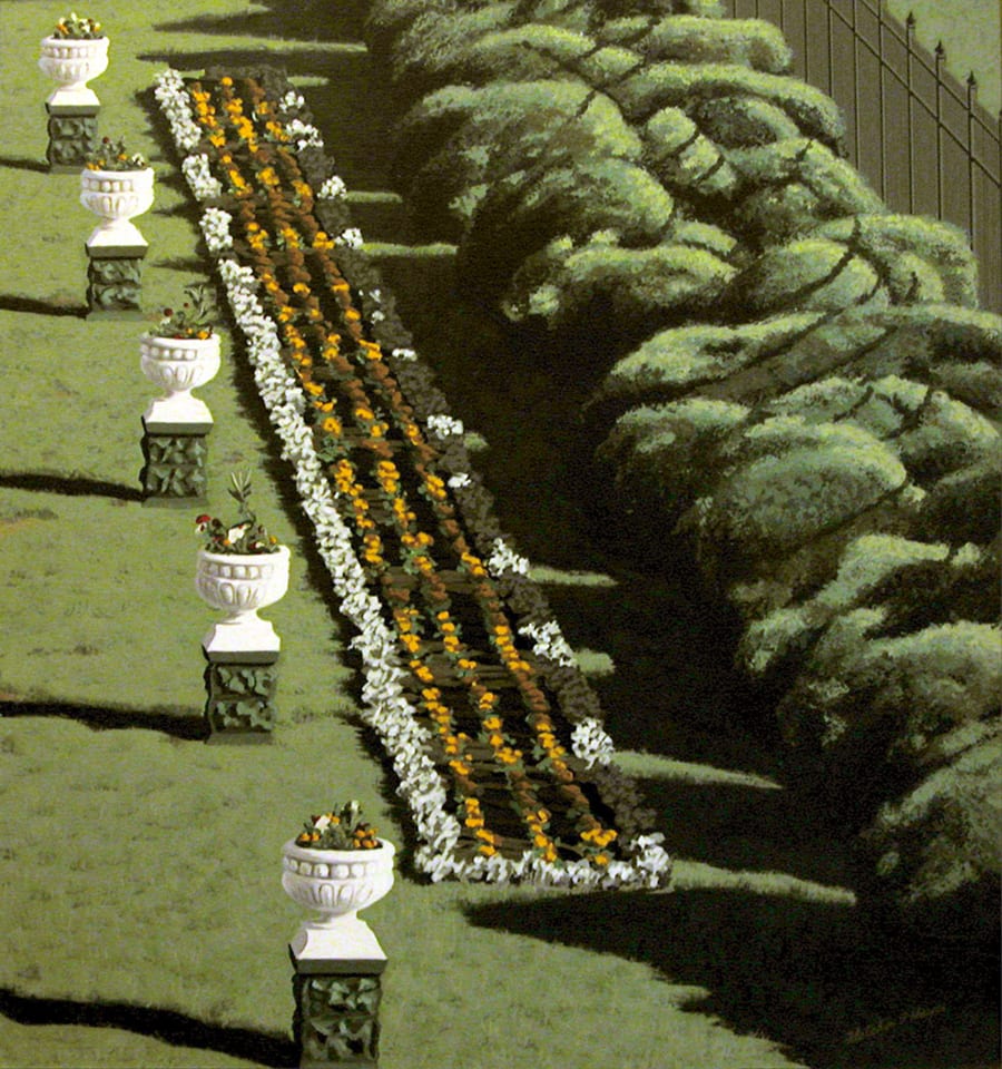 Long Shadows by Fletcher Hayes  Image: Late afternoon sun casts long shadows from the iron fence to the puffy hedge and on down, adding an element of chaos across the orderly flower garden, planters and manicured lawn.