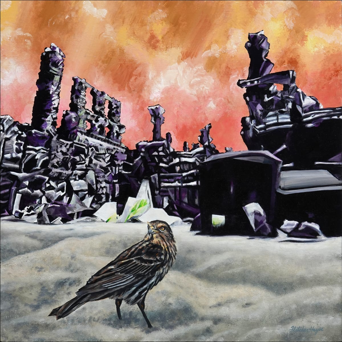 War Hawk Aftermath by Fletcher Hayes  Image: The hawk, symbol of war-hungry public officials, stands on ashes in the foreground of a bombed out city beneath a fiery sky.  This painting drives home the destruction caused by aggression and lack of diplomacy to settle disputes.