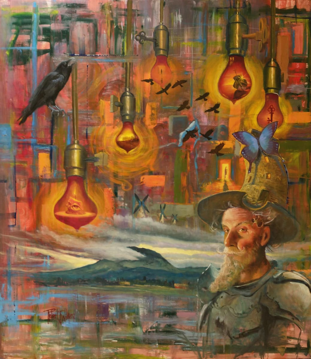Don Q by Robert J Wilkens  Image: Tilting at windmills is something we are all guilty of at times.  Birds and butterflies are my recognition of God as flight is a  miracle we encounter so commonly we seldom stop to recognize it. 
Thomas Edison who worked at the creation of the light bulb despite repeated lack of success, as an artist I admire his perseverance as working by candle light is a struggle I needn't overcome. 
Don Quixote battled windmills he perceived as dragons. Today we all battle our own perceptions of evil. 