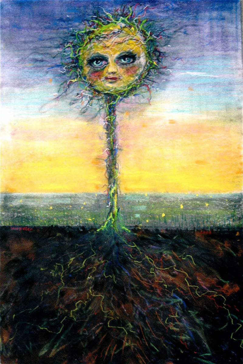 Coming Undone by Lois Keller  Image: A large pastel drawing of a single flower with an expressionless face unraveling into the sunset.  A reflection of my mother’s beginning stages 9f Alzheimer’s Disease