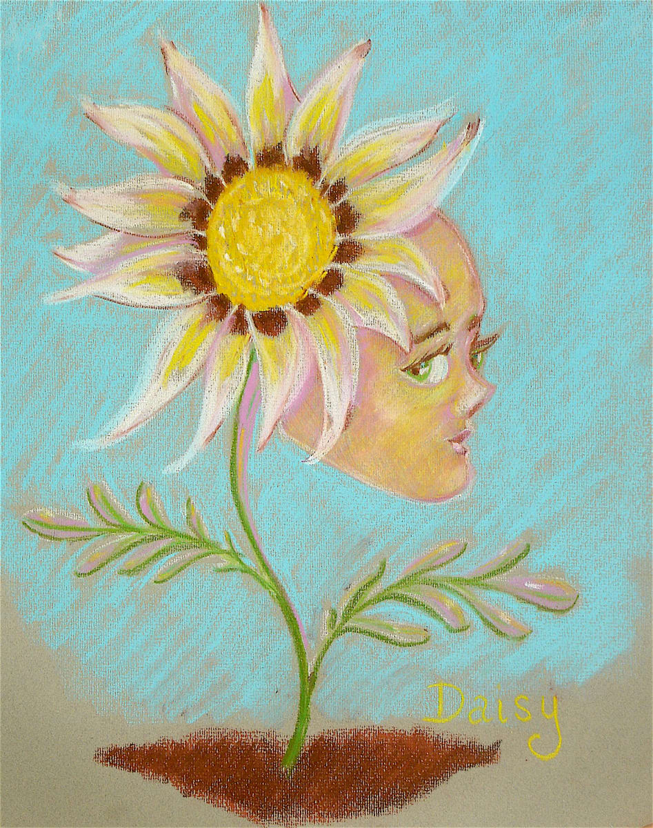 Daisy by Lois Keller  Image: Anthropomorphic pastel drawings of local flowers in bloom.