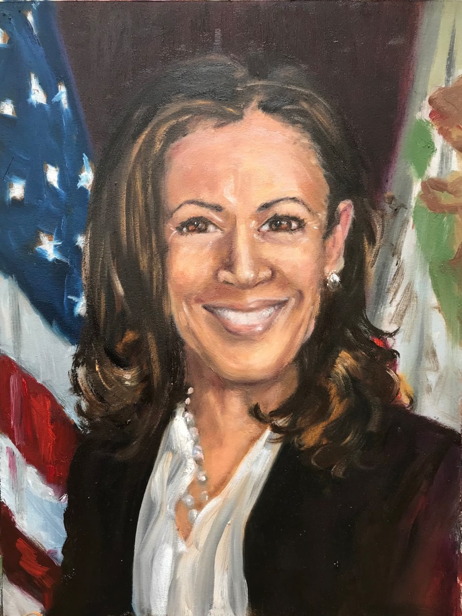 The Congress Woman from California Becomes the First Female Vice-President by Lois Keller  Image: Painted in 2020 during lockdown, a homage to the achievement of our first female Vice-President.  Painted during a time of National upheaval with little to celebrate, Kamala Harris gave hope to the future then and even more so now. 