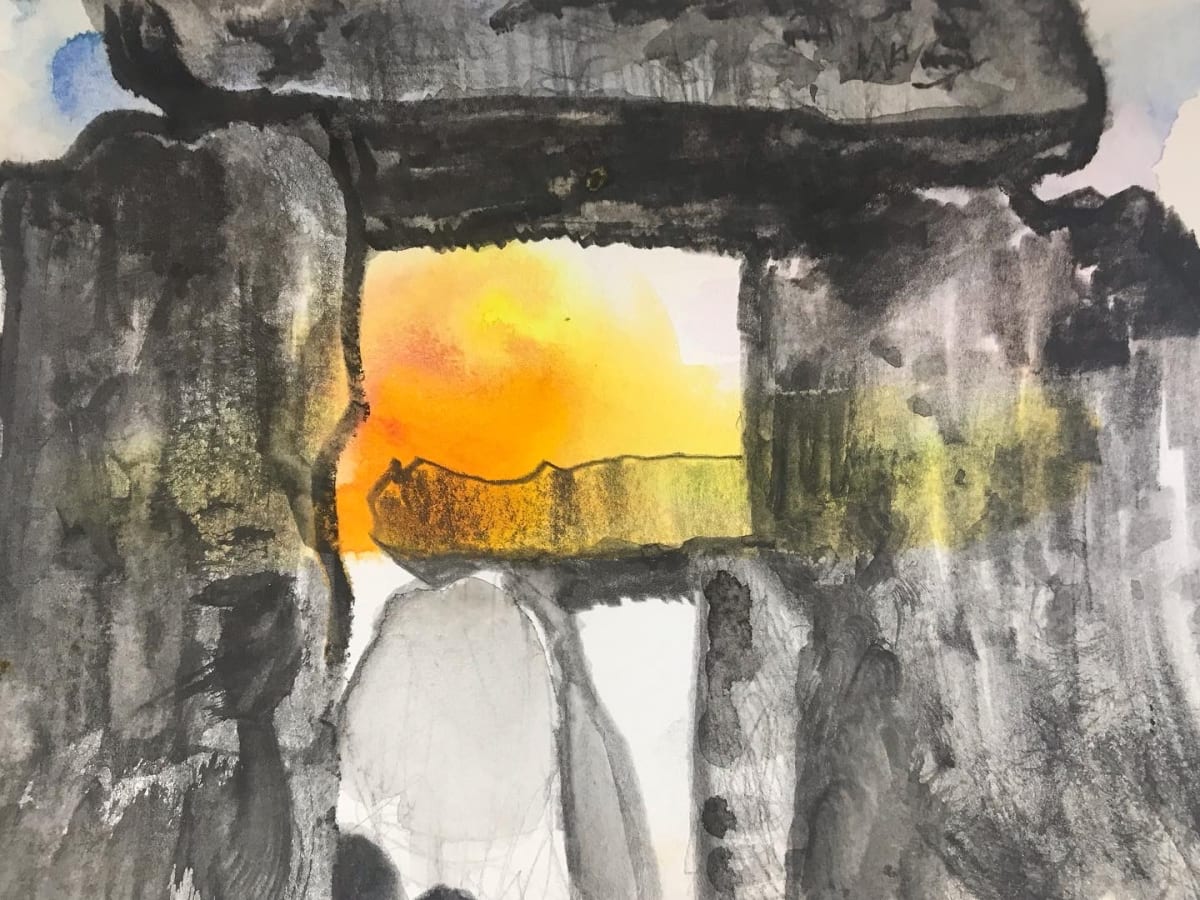 Sunrise at Stonehenge by Lois Keller  Image: After experiencing an intimate sunrise with the sacred stones, I came home from my trip and created these watercolor and graphite images. 