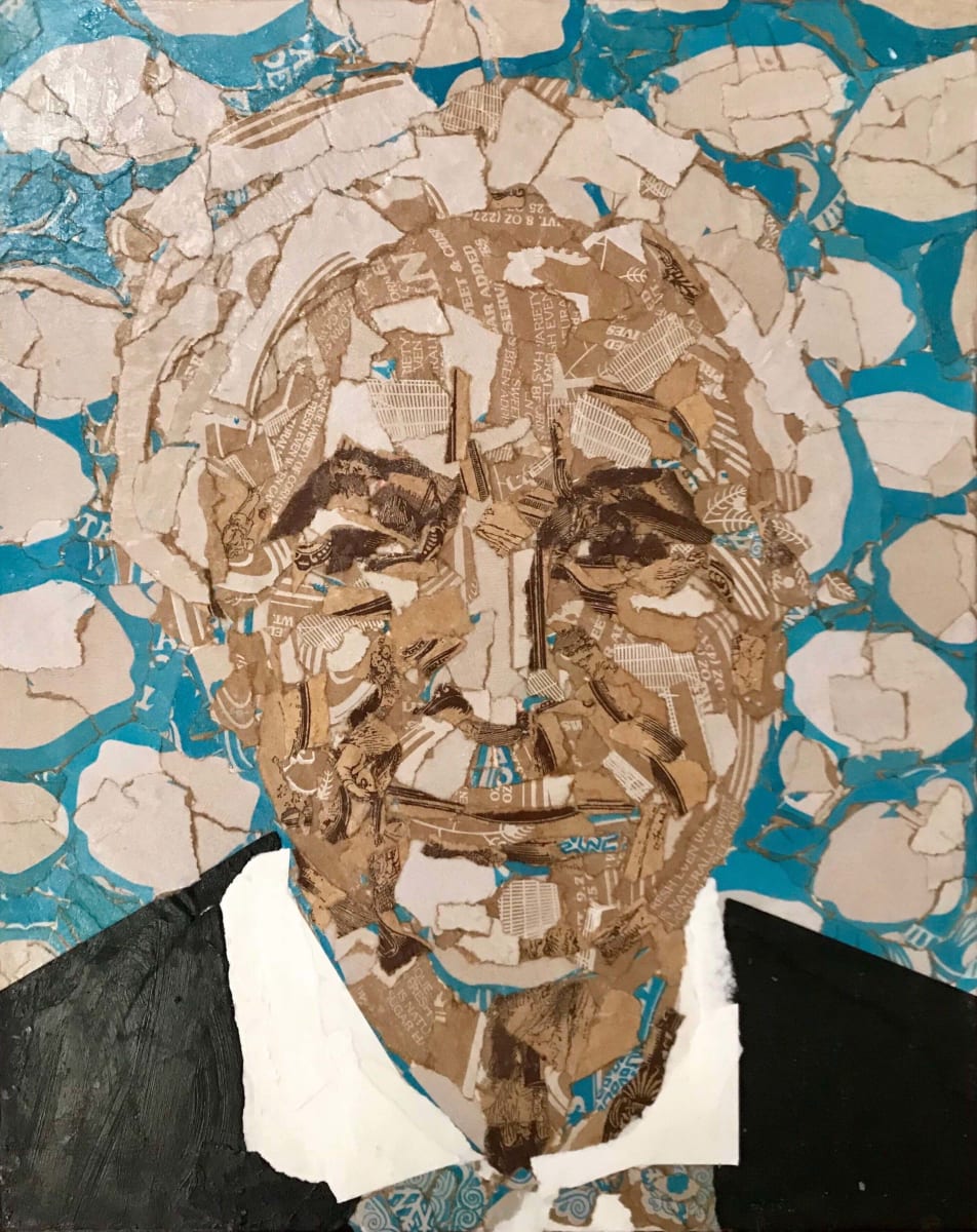 Could I Ever Be Like Georgia O’Keeffe by Lois Keller  Image: A portrait collage made of Trader Joe's Holiday grocery bags and found papers. The subject is Georgia O'Keeffe with Sky painting—a significant and influential artwork and artist in the life of artist Lois Keller. 