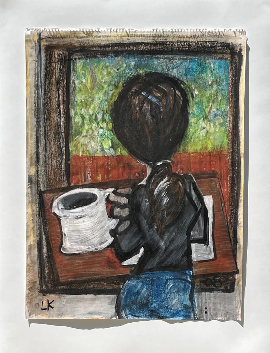 Self Portrait with Coffee by Lois Keller  Image: A self-portrait of the artist holding coffee with hues of green, blue, black, grey, red, and white