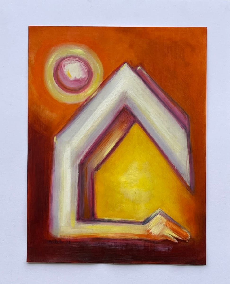 Home by Lois Keller  Image: A house with elements of human anatomy, with hues of yellow, orange, black, purple, brown, and red