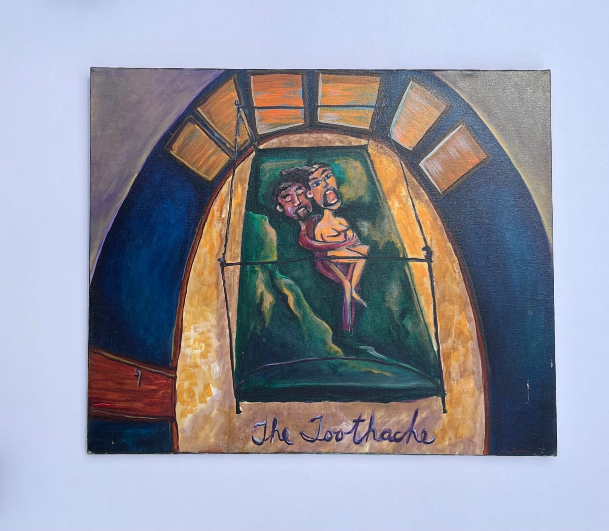 The Toothache by Lois Keller  Image: Lois and her husband post-wisdom tooth removal. With hues of blue, yellow, green, black, red, and beige