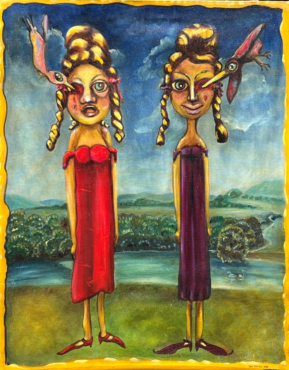 Ashenputtel's Stepsister's Fate by Lois Keller  Image: A painting based off of Grimm's Fairytales' evil stepsisters with hues of red, purple, blue, green, yellow, orange, beige, black