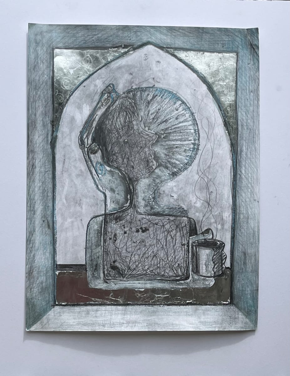 I've Been Here Before by Lois Keller  Image: A continuation of Keller's Human Head symbolism with hues of black, white, blue, and grey