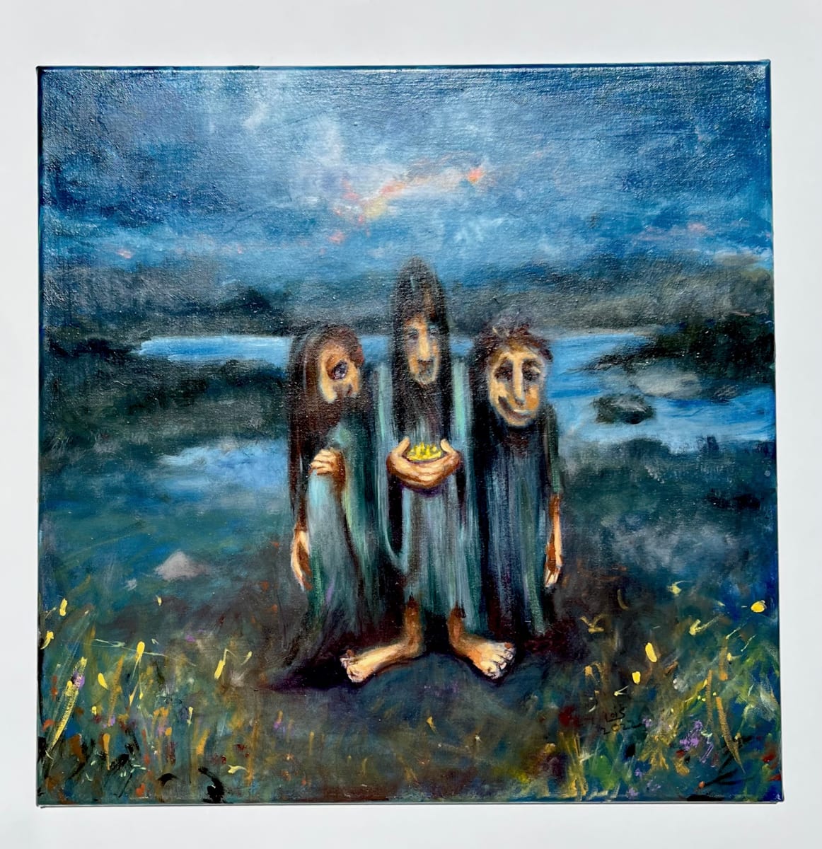 The Weird Sisters, Macbeth by Lois Keller  Image: An illustration of the Weird Sisters from William Shakespeare's tragic play, Macbeth. Hues of blue, green, black, yellow, red, brown