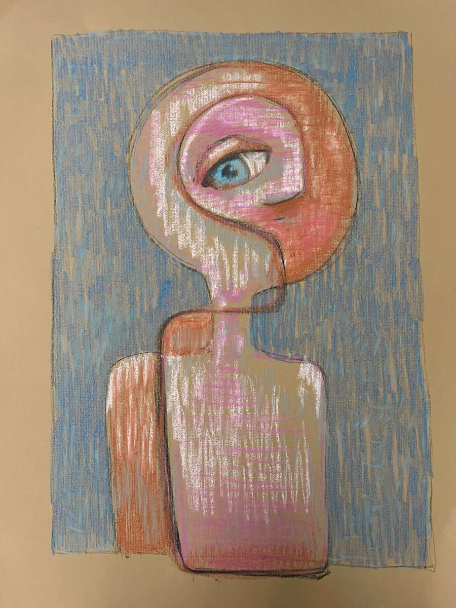 Bottled by Lois Keller  Image: A pastel drawing with light yellow and light blues that describe the human shape as a vessel. 