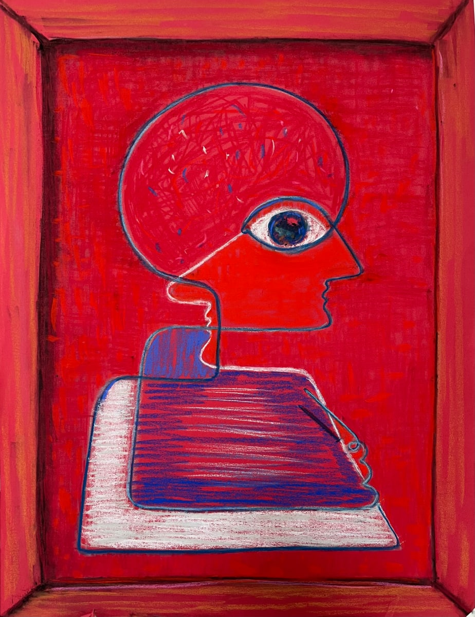 Biography by Lois Keller  Image: An existential, abstract portrait in red, white, and blue that describes the definition of self.  Through the continuous line drawing on paper,  both sides of a human head in profile speak to the inner and outer way we present ourselves. 