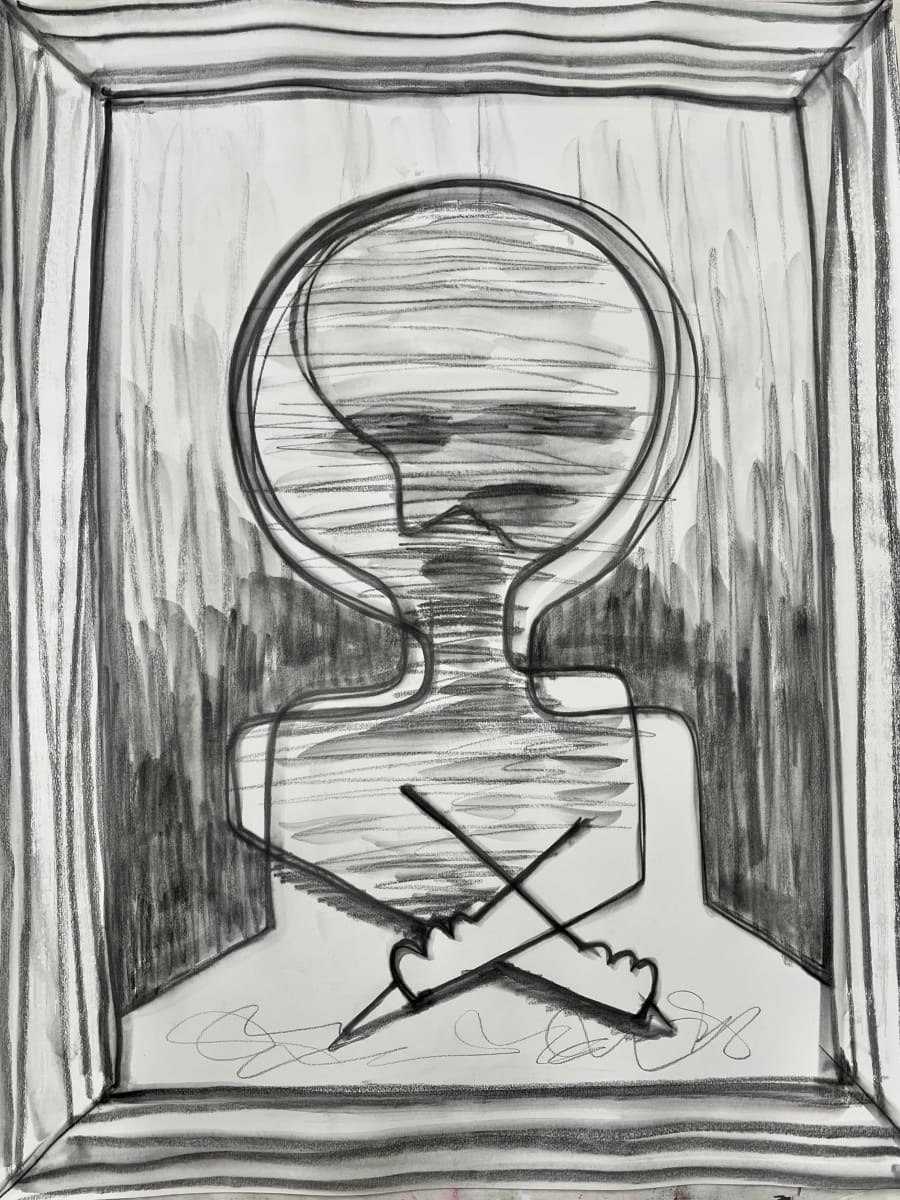 Circuitbox Crossed by Lois Keller  Image: VIGNETTES
The Vignettes are a series of works on paper that feature a repeated, silhouetted human form. The figure remains ambiguous through most of its iterations, creating a mirror for the audience to reflect on. This series accentuates Keller’s ability to communicate a dynamic range of emotion and atmosphere with pieces wherein the subject is de centered from the canvas’ content. It also speaks to her experience as an adopted child, as a means of coping with that dissonance of identity.

