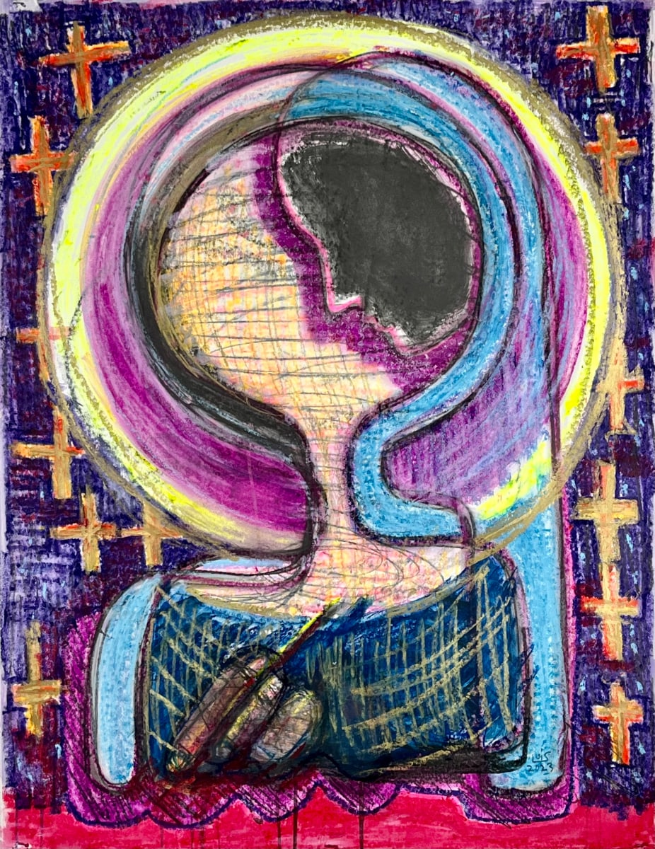 Likeness Revealed by Lois Keller  Image: This piece reflects the way that a portrait reveals its own embedded history. Influenced by medieval portraiture ("Faces of Power and Piety" by Erik Inglis