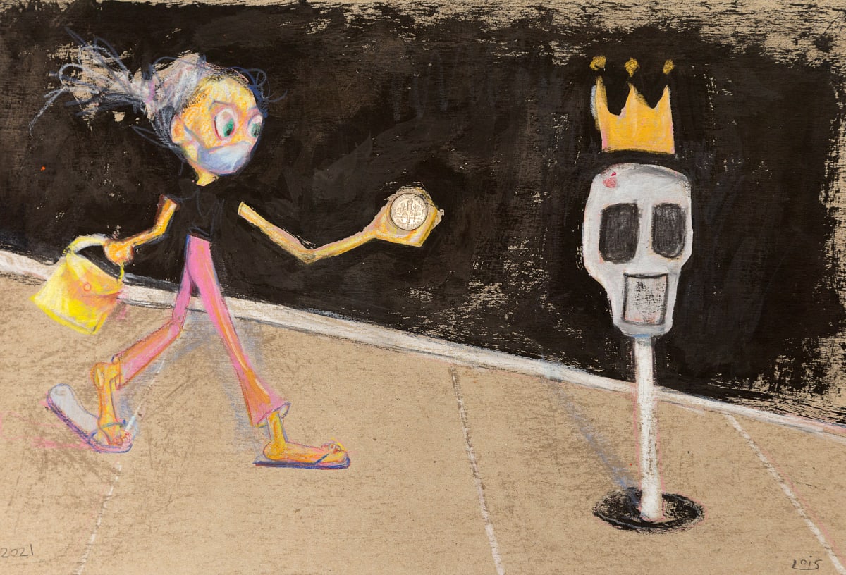 Don't Forget to Pay the Par-King! by Lois Keller  Image: Loose change is an essential part of the game. Car culture in Los Angeles dominates space in this artwork without representing one automobile. 