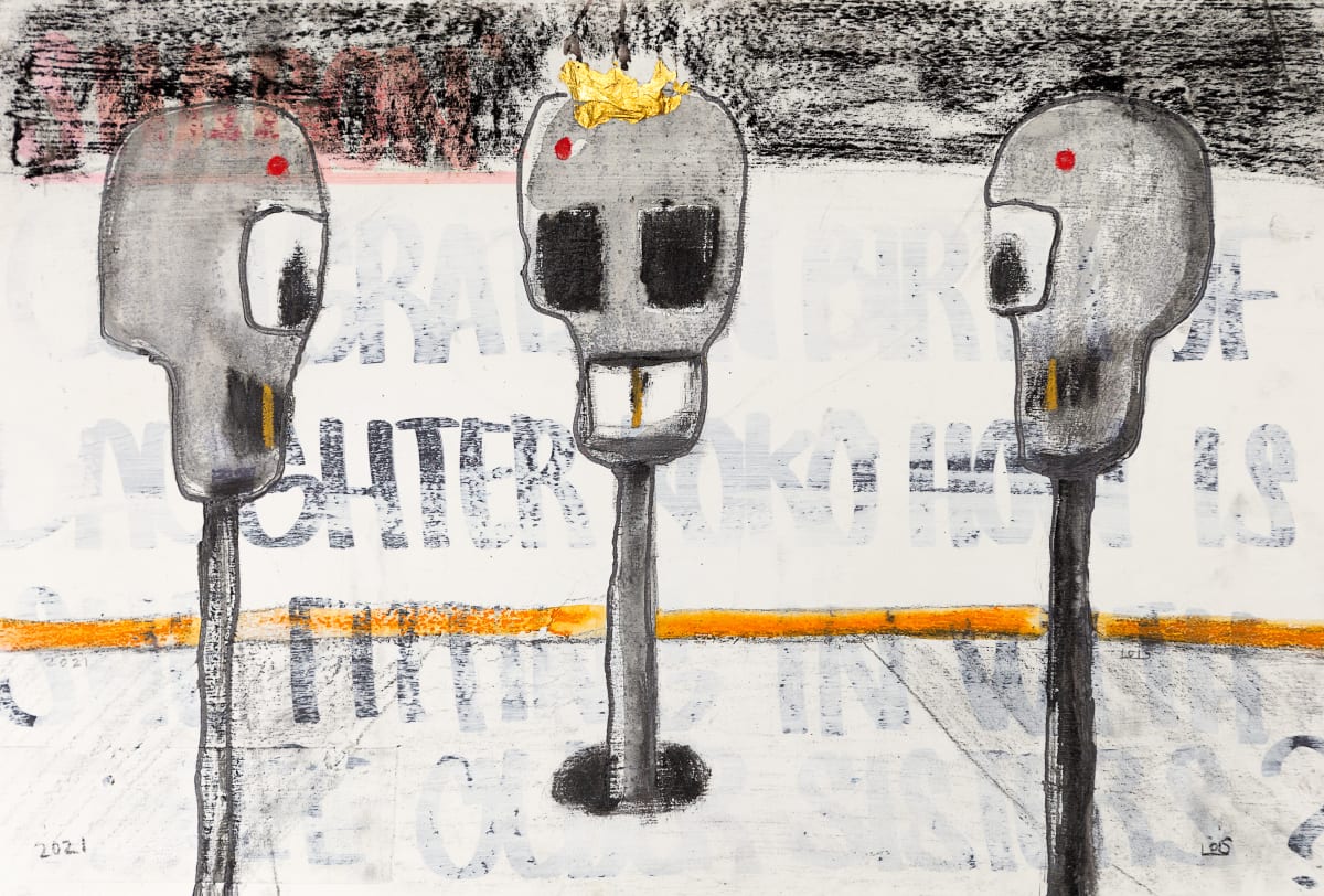 The Parking Space Between Us by Lois Keller  Image: Life in Los Angeles personified by parking conversations in this mixed media drawing on a cue card. 