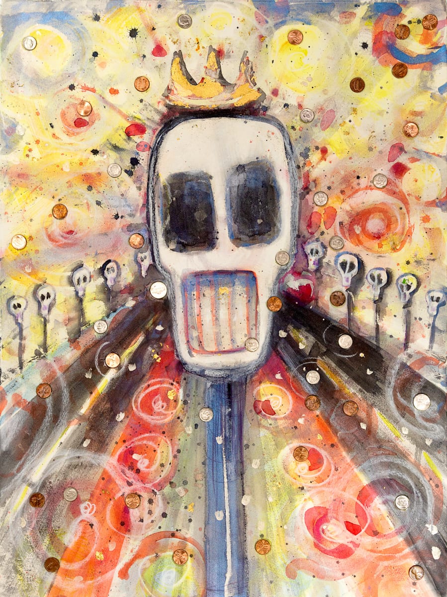 The Par-King by Lois Keller  Image: The hot days in Los Angeles feel hotter on the pavement dominated by parking meters. You can feel the heat and oppressive dominance of the black-top in this mixed media art work littered with money and a  gold leaf crown of the skull-like parking meters.