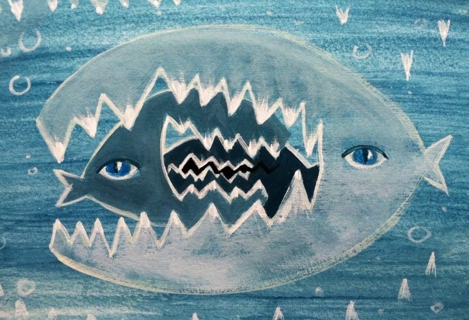 What Ate the Shark by Lois Keller  Image: A playful underwater design illuminating the shark eat shark world we live in.