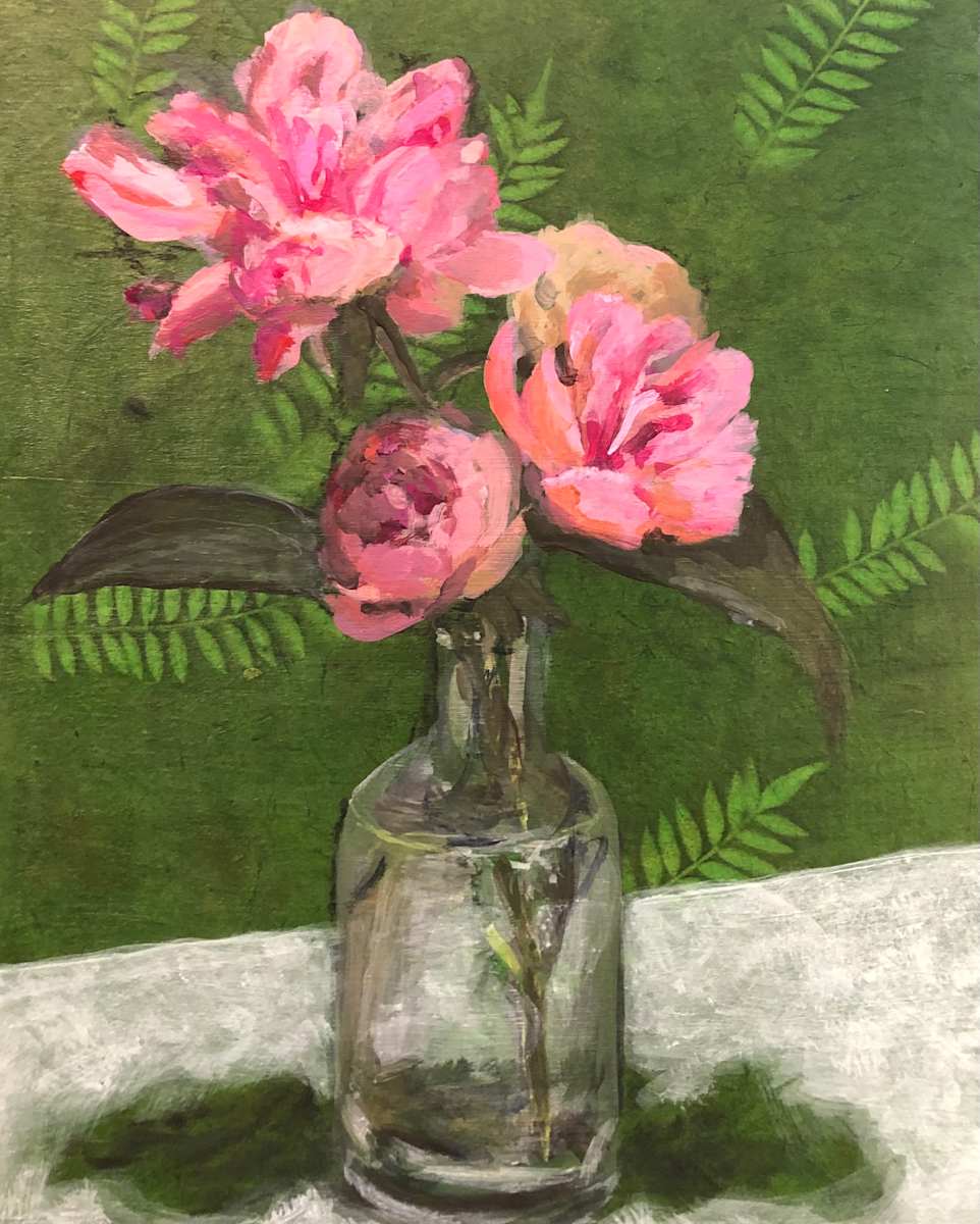 Pink Peonies on Green by Sarah Clinton 