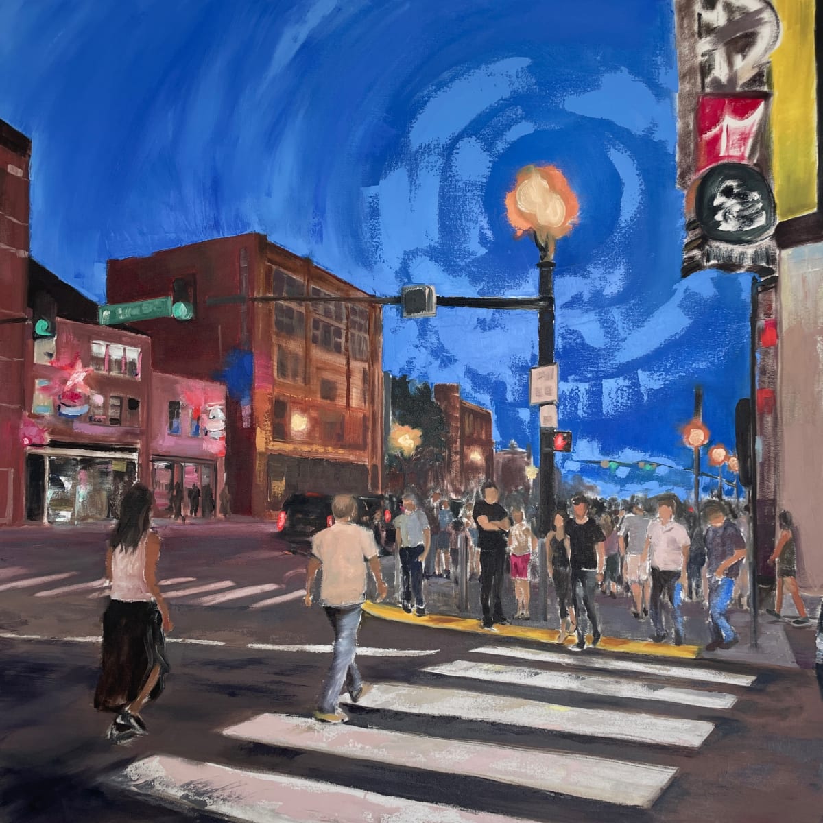 Dusk Melody by Sarah Clinton  Image: People have told me that this reminds them of "Old Nashville," even though this was painted in 2023.  It shows the start of an evening downtown, at a Broadway crosswalk. 