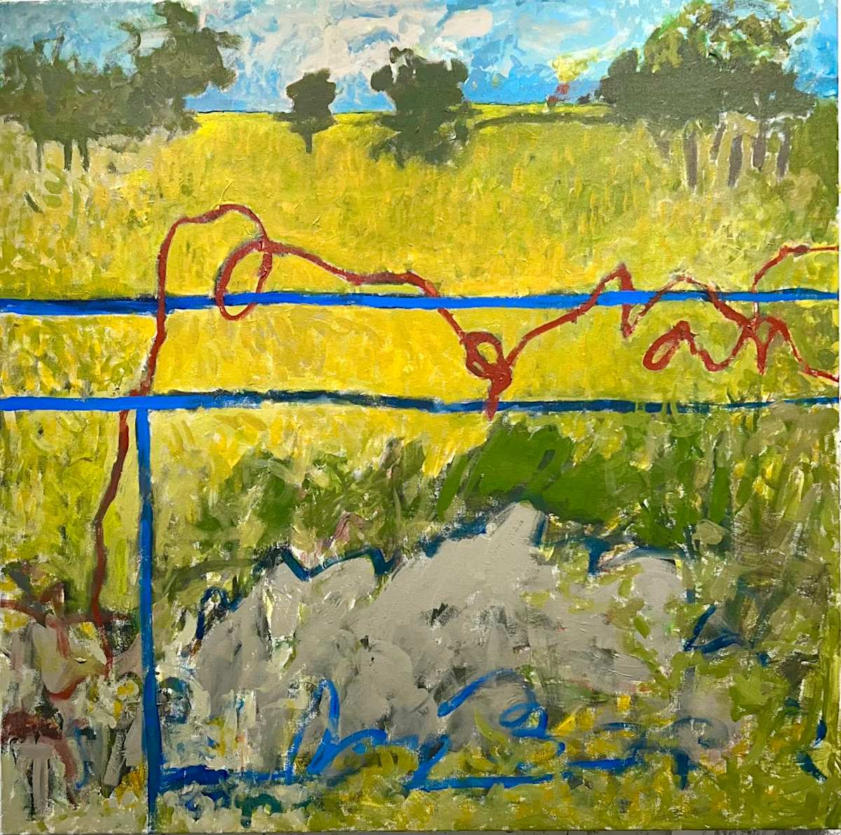 Blue Fence, Red Wire by Billie Bourgeois 