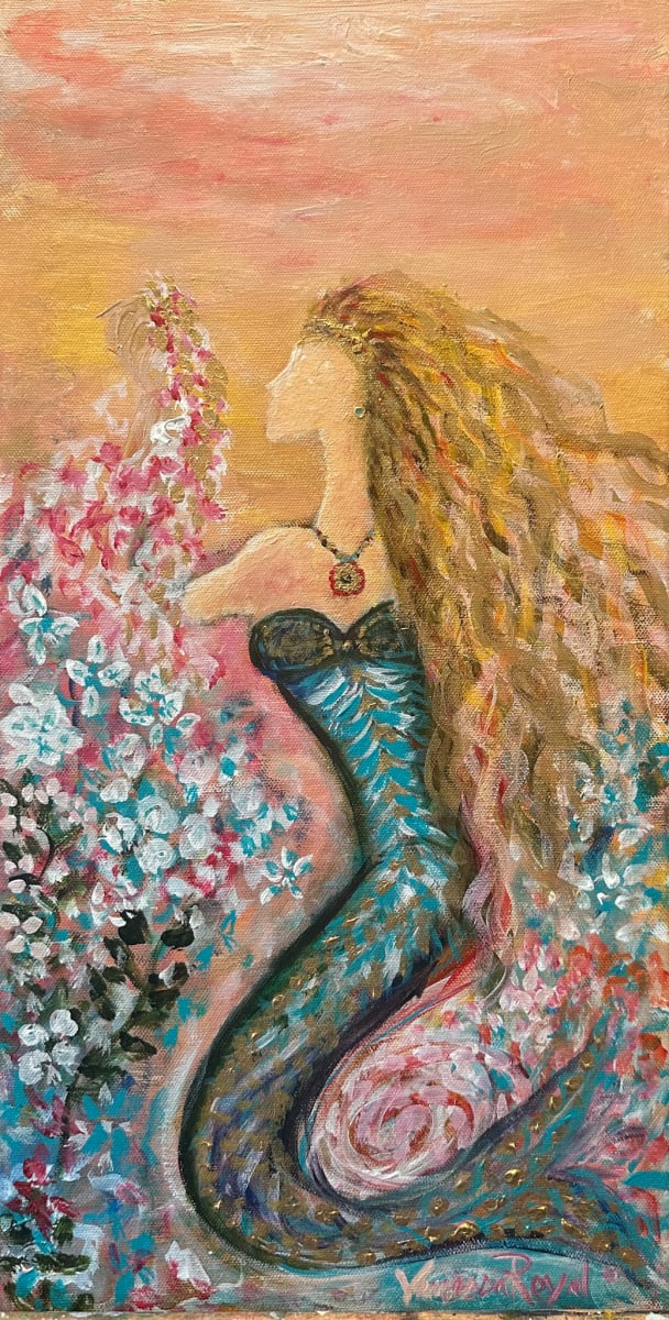 In Her World by Vanessa Royal  Image: Dreamy mermaid with textured gold brushstrokes.