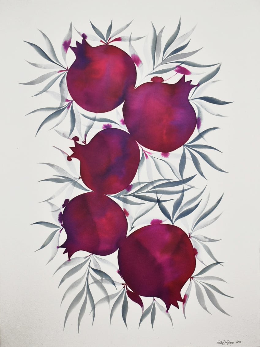 Five Jerusalem Pomegranates by Natalie Fine Shapiro  Image: Five juice pomegranates in reds and purples; their colors bleed into surrounding transparent gray leaves.